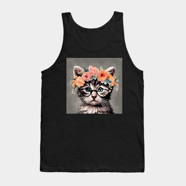 Tabby Kitty Cat Wearing Glasses Tank Top by LittleBean